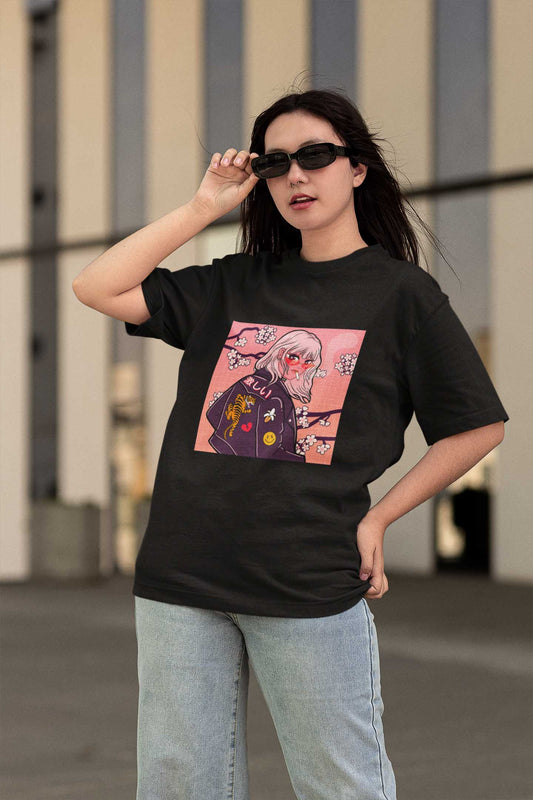 Anime girl black printed unisex t shirt for women