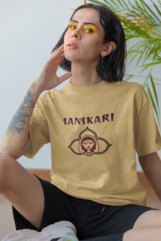 Sanskari printed unisex t shirt in beige for women 