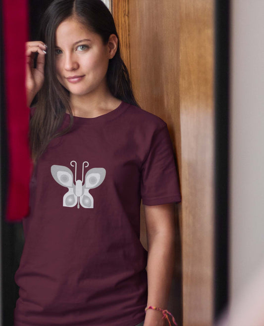 Butterfly printed maroon unisex t shirt for women
