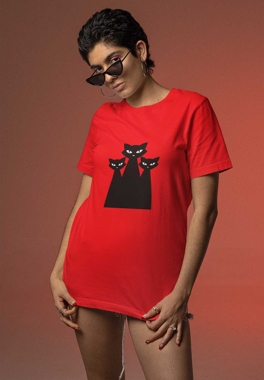 Cat printed red unisex t shirt for women