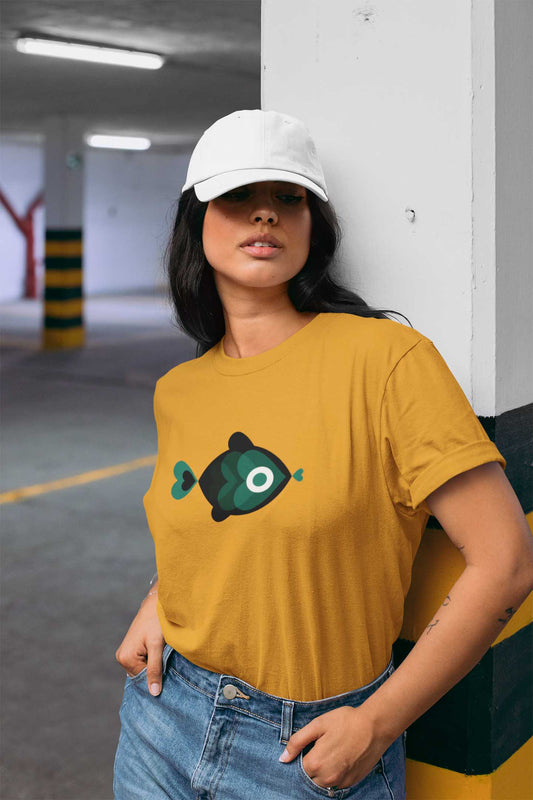 Fish printed golden yellow unisex t shirt for women