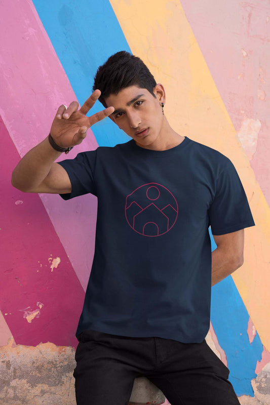 Circle graphic printed navy blue t shirt for men
