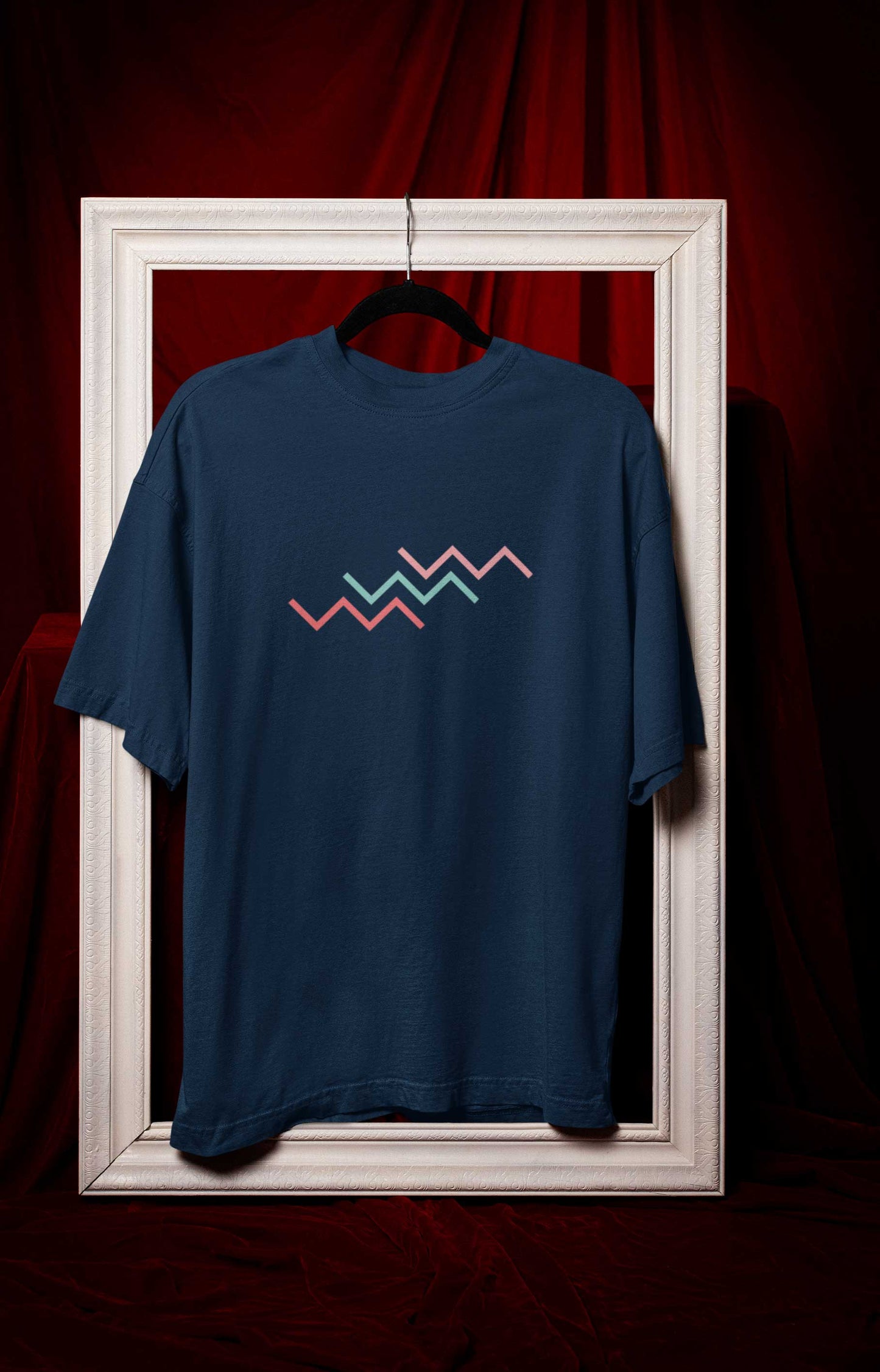 Wave printed 240 gsm classic oversized unisex t shirt in navy blue