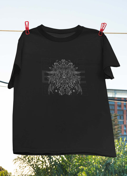 lion line art printed black t shirt for men