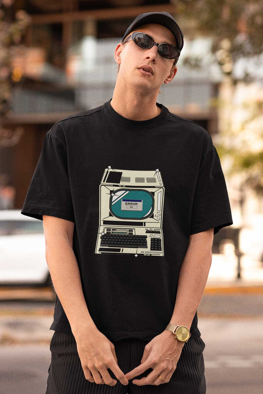 Black Oversized PC Error Retro men T shirt