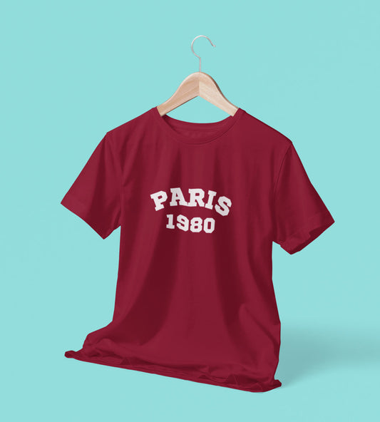 Paris 1980 printed maroon and black unisex t shirt