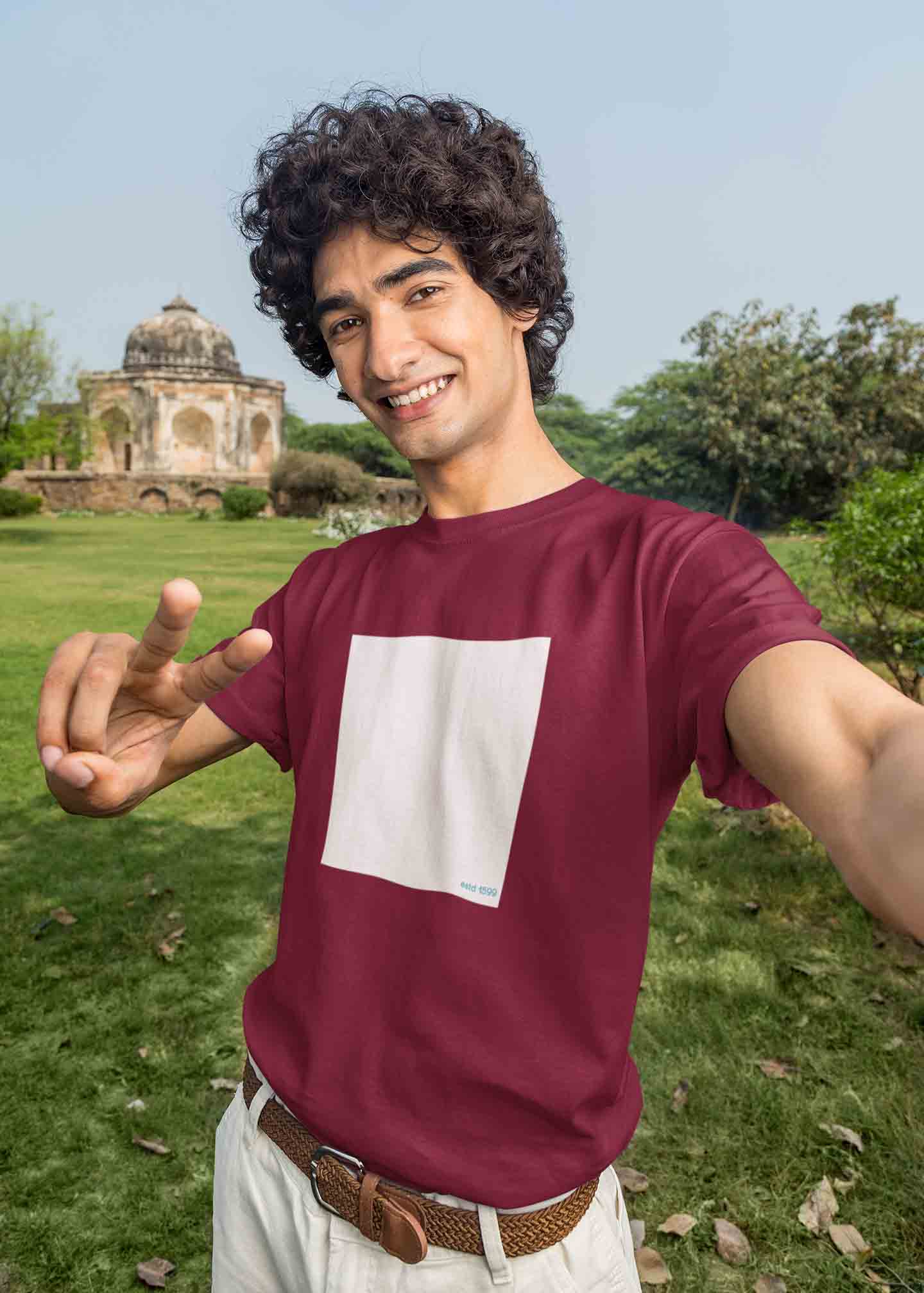 White square printed maroon t shirt for men